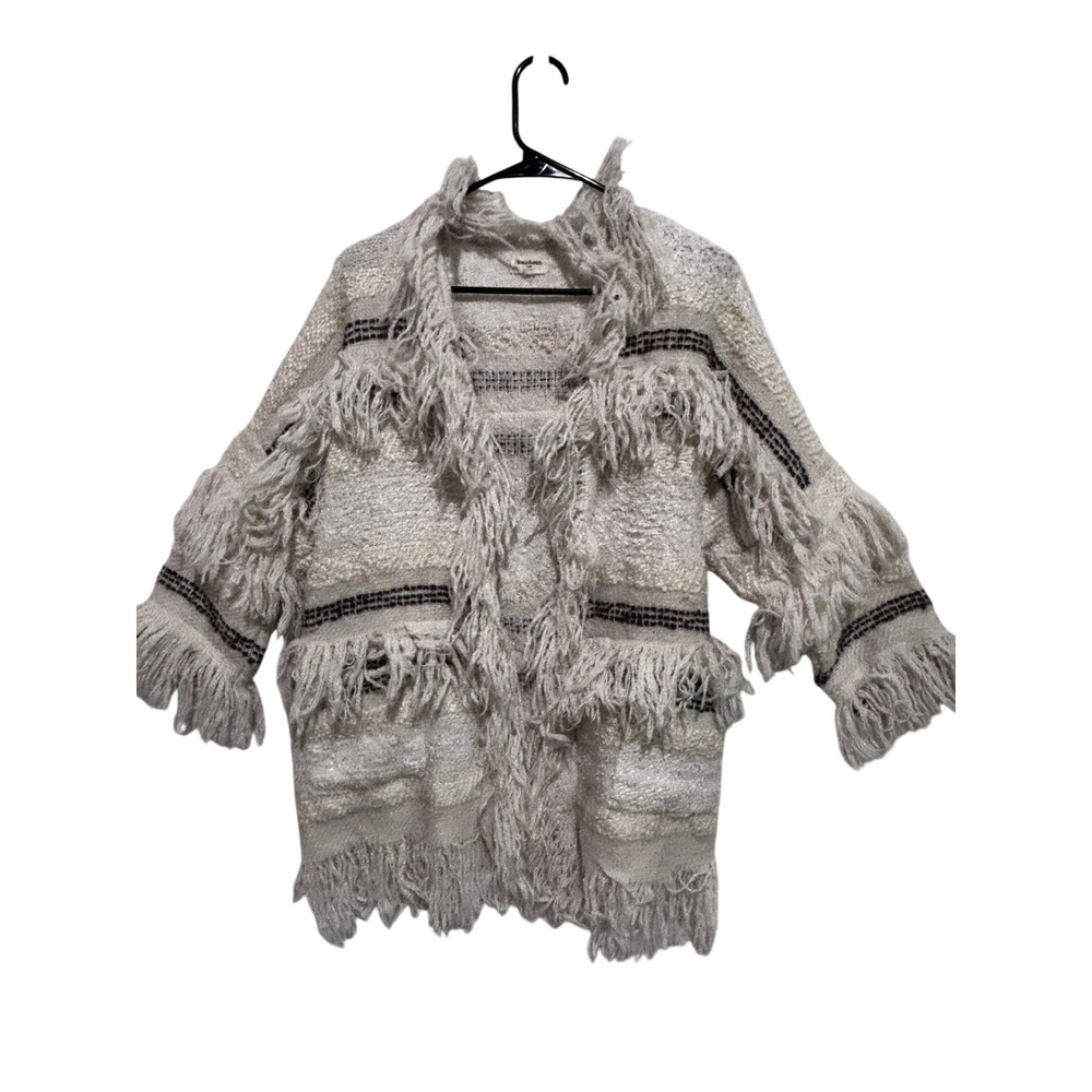 Shaggy Fringe Stripe Cardigan Sweater Jacket Cream Black Oversized Boho Western